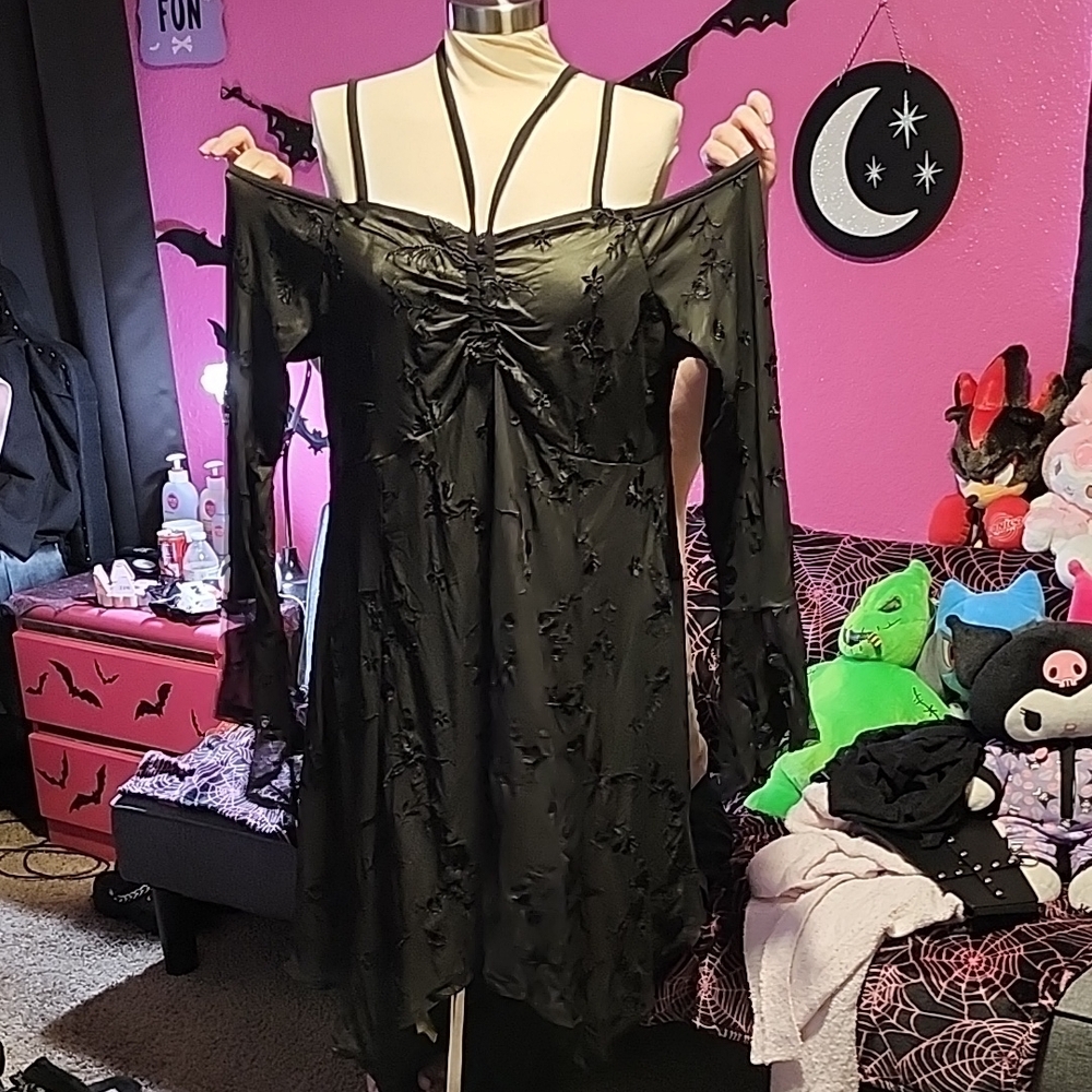Black Off-Shoulder Dress with Bat Pattern